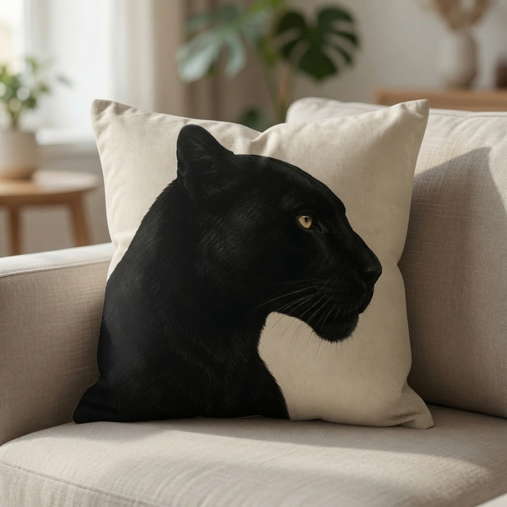 A square throw pillow featuring a realistic black panther print on a cream background, styled on a light beige sofa in a softly blurred living room setting.