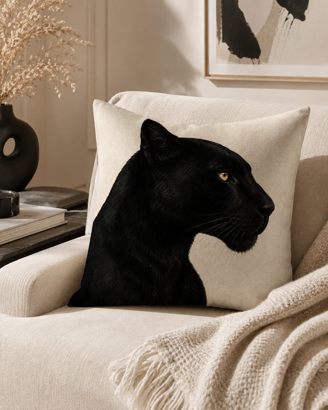 A square throw pillow featuring a realistic black panther print on a cream background, styled on a beige armchair with a knit throw blanket in a warm, modern living room setting.
