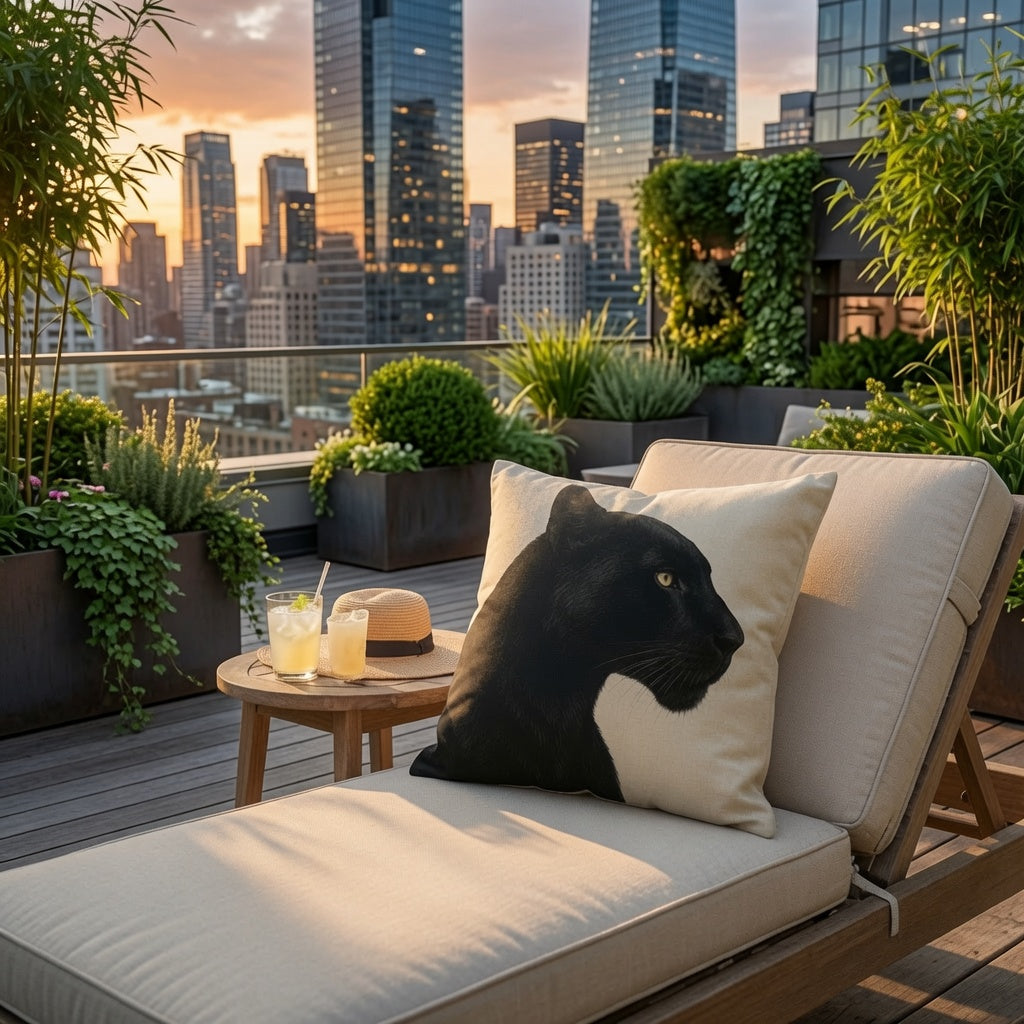 A square cushion with a black panther print sits on a garden lounger in a rooftop garden setting.