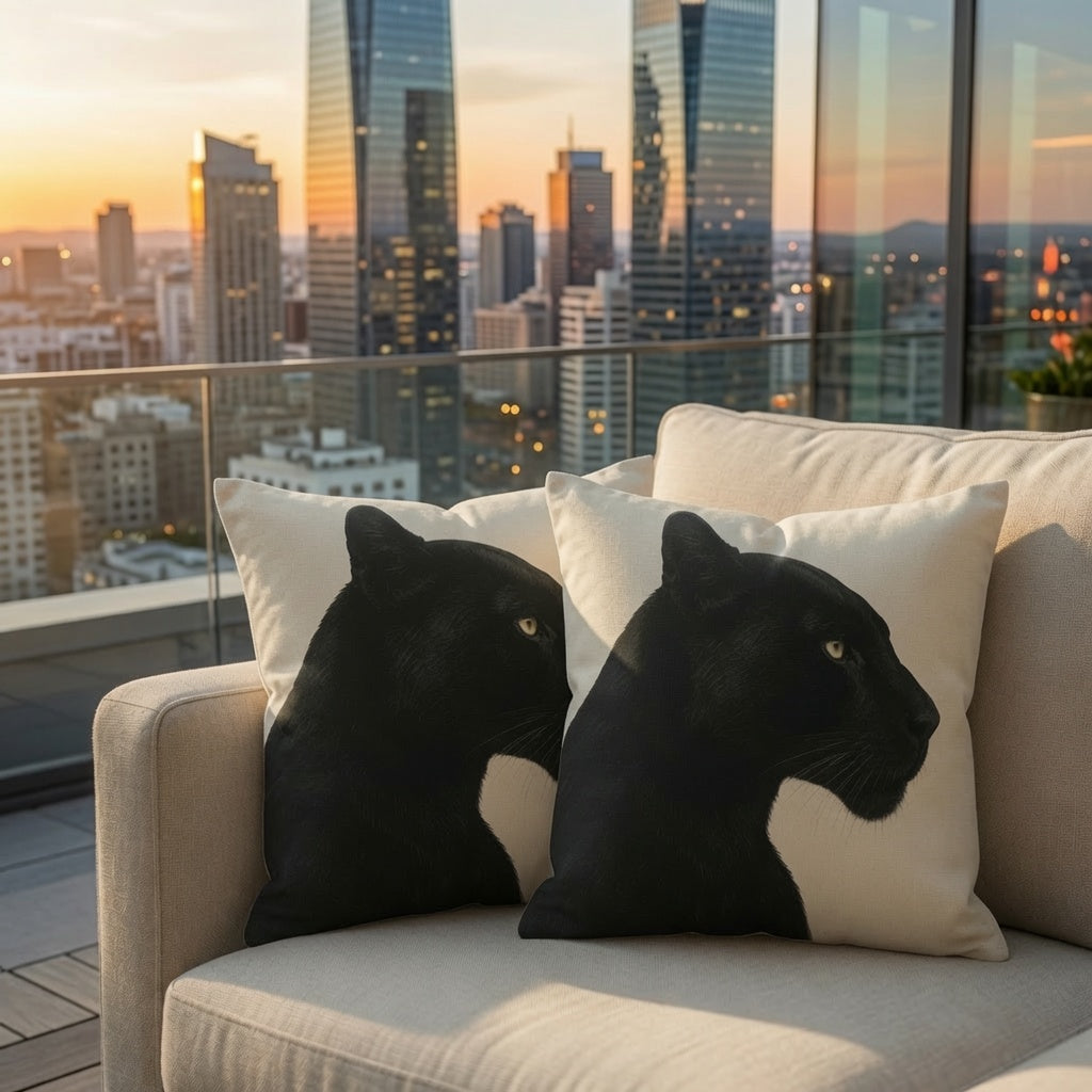 Two square throw pillows featuring black panther silhouettes on a cream background, styled on a light beige sofa in front of a city skyline at sunset.