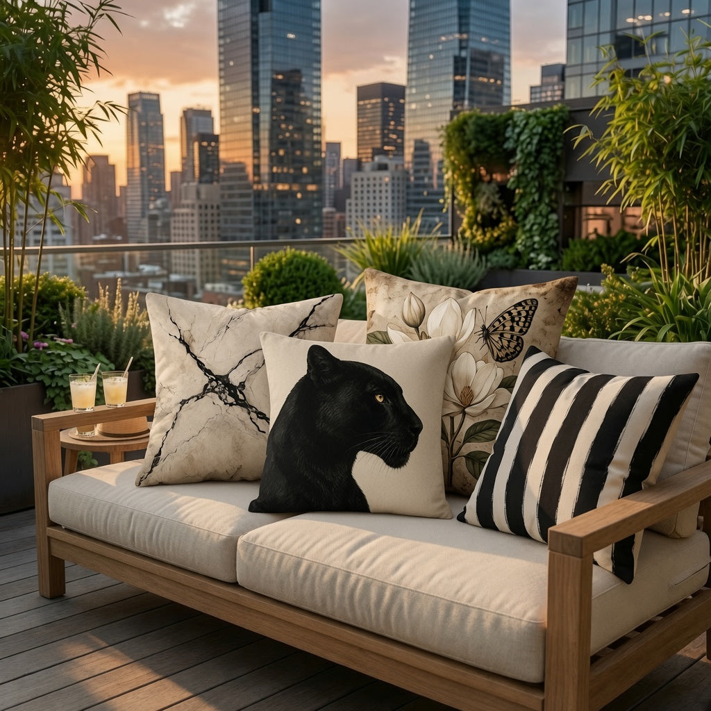 A wooden outdoor sofa with cream cushions on a rooftop patio at sunset, styled with decorative throw pillows including a black panther print, marble pattern, floral design, and black-and-white stripes, with a city skyline in the background.