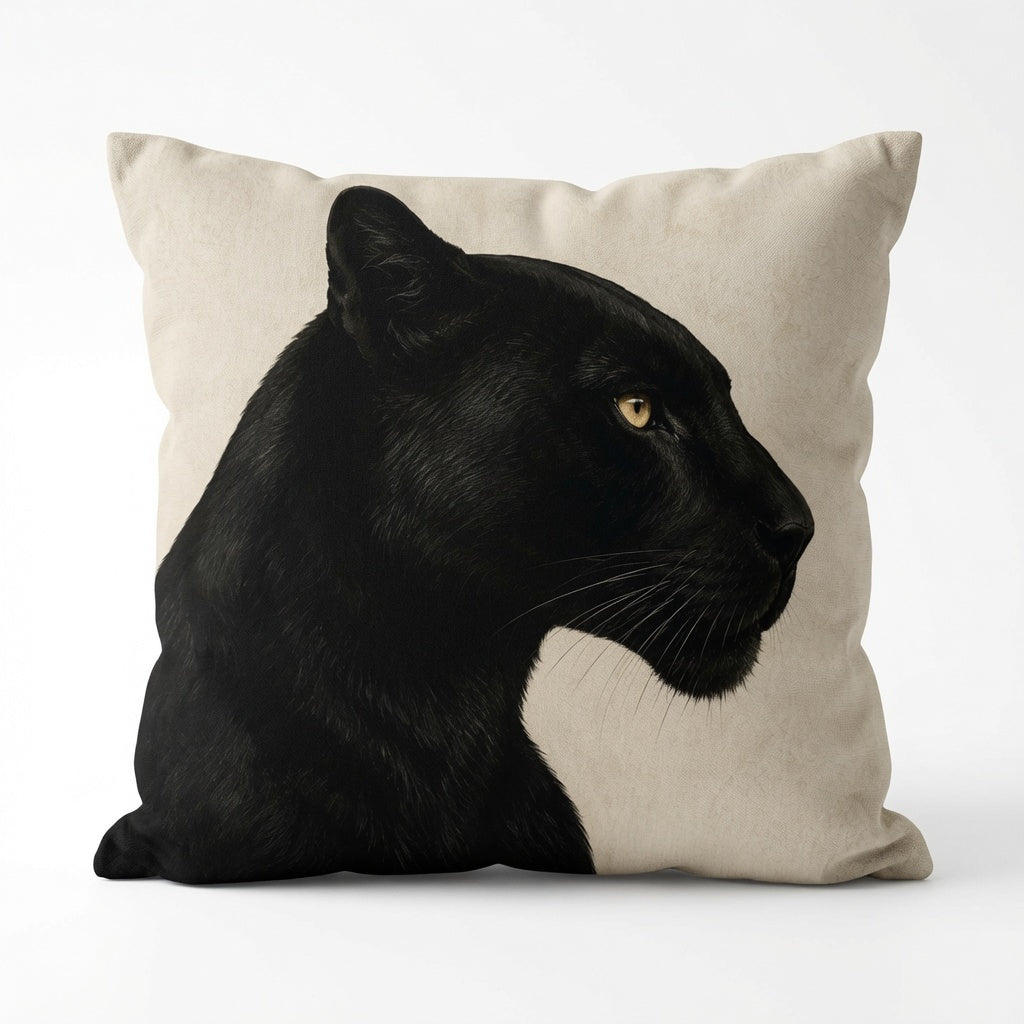 A square throw pillow in a light beige linen-like fabric, featuring a realistic printed graphic of a black panther in profile with yellow eyes.