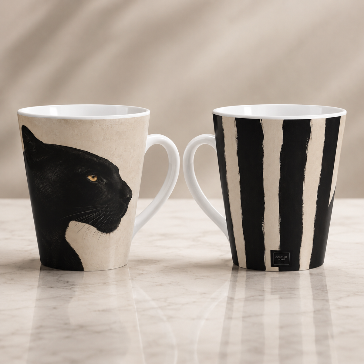 Front and back of a black panther and black stripes mug on a shiny marble surface.