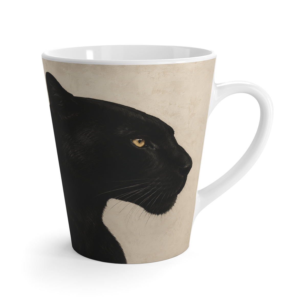 A white ceramic latte mug featuring a printed graphic of a black panther's head in profile against a textured beige background.