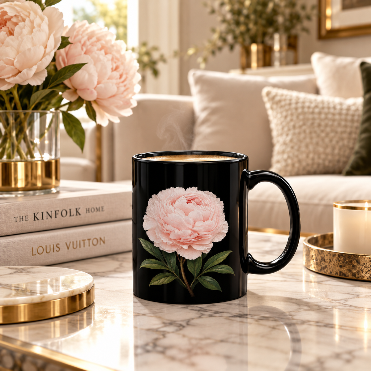 A black ceramic mug with a large pink peony and green leaves printed on the side, set on a marble table in a cozy living room setting.