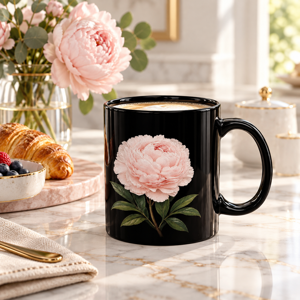 A black ceramic coffee mug with a large pink peony flower and green leaves printed on the side, filled with coffee and set on a marble breakfast table with a croissant and flowers in the background.
