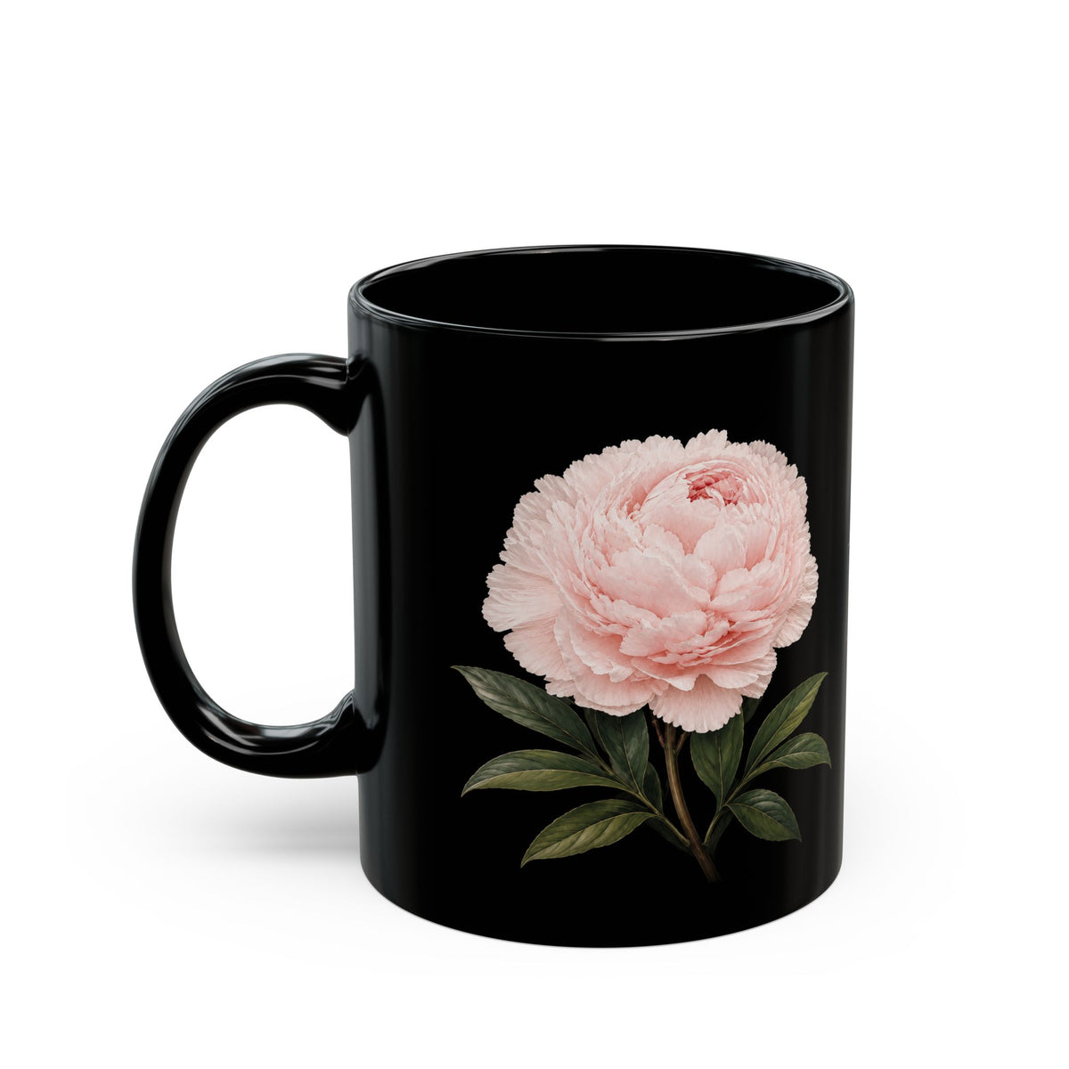 A glossy black ceramic mug featuring a detailed illustration of a light pink peony flower with green leaves on the side, set against a plain white background.