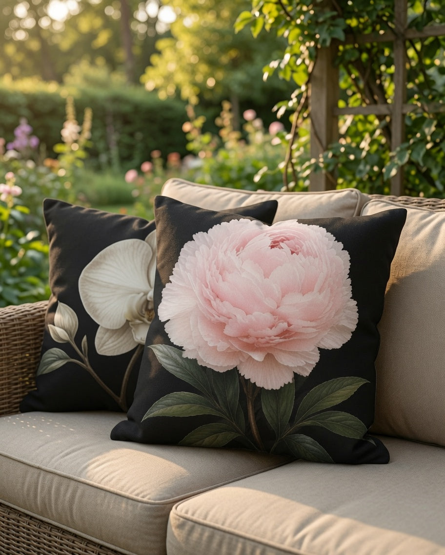 Two decorative throw pillows on a beige outdoor sofa. The front pillow is black with a large pale pink peony design, and the rear pillow is black with a white orchid design.