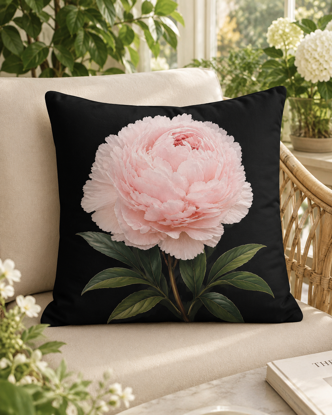 A square black throw pillow featuring a large light pink peony flower with green leaves, resting on a beige outdoor sofa with a wicker chair and plants in the background.