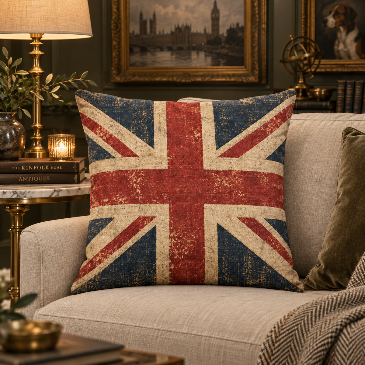 A square throw pillow featuring a distressed vintage Union Jack design, styled on a beige armchair in a cozy, classic living room setting.