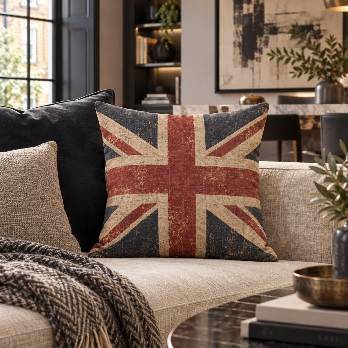 A square throw pillow featuring a distressed vintage Union Jack design in muted red, navy blue, and beige, styled on a light beige sofa in a modern living room setting.