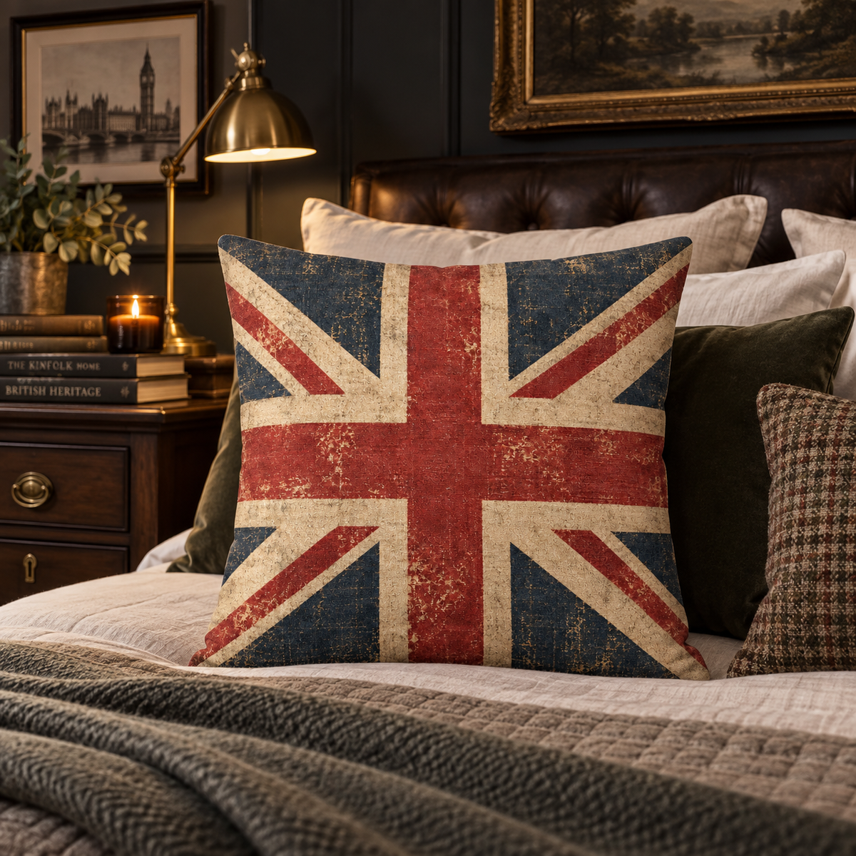 A square throw pillow featuring a distressed vintage Union Jack design in red, blue, and cream, styled on a bed in a dark, cozy bedroom setting.