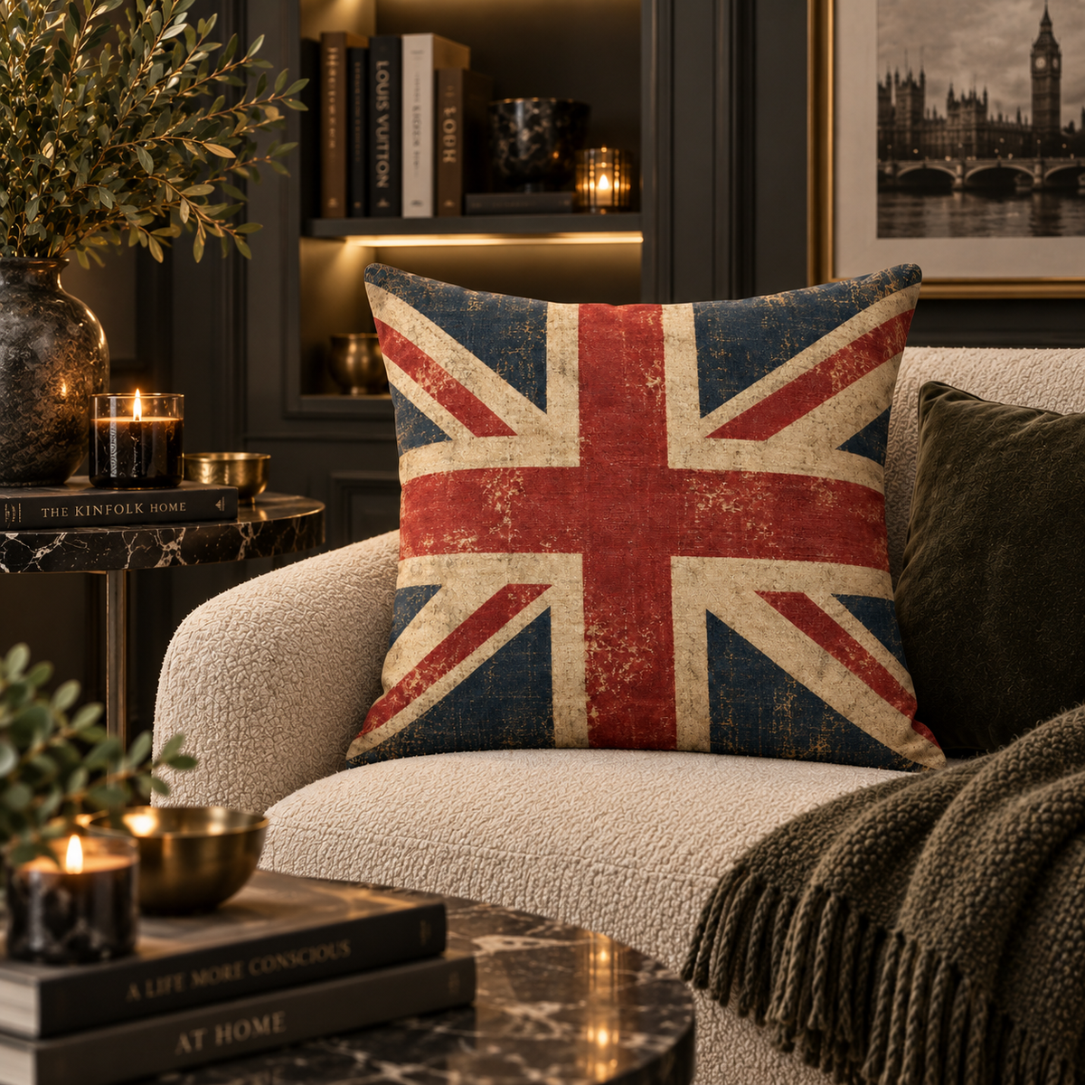 A square throw pillow featuring a distressed vintage Union Jack design, styled on a cream-colored armchair in a cozy, dark-themed living room setting.