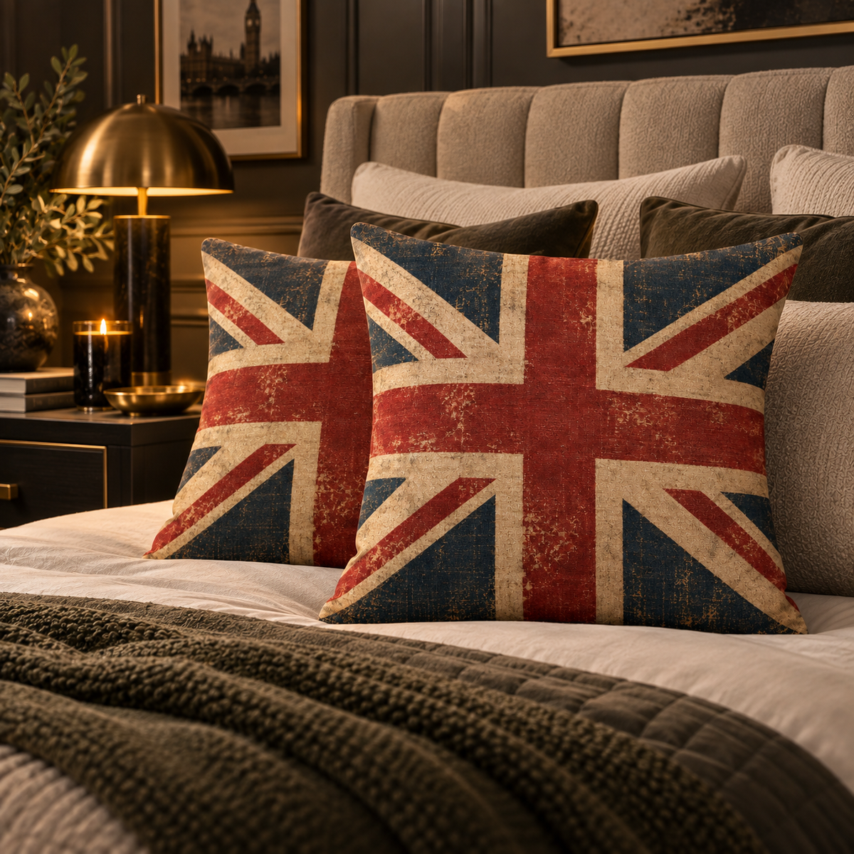 Two square throw pillows with a distressed Union Jack design in red, blue, and beige, styled on a bed in a modern, dark-themed bedroom.