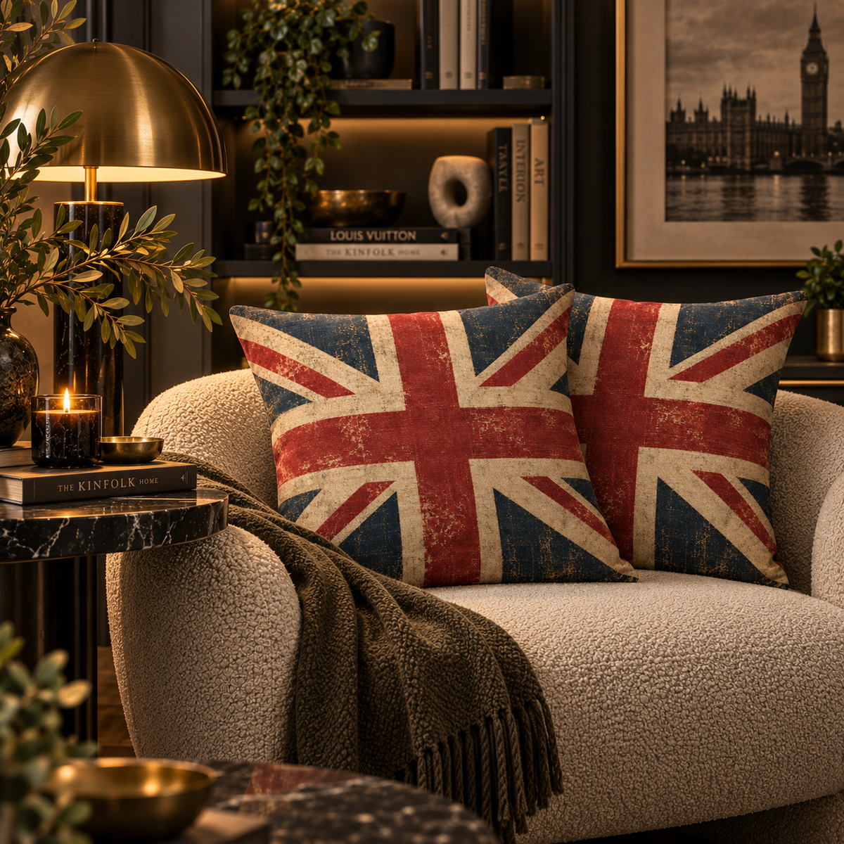 Two square throw pillows with a distressed Union Jack pattern in red, blue, and cream, styled on a beige boucle armchair in a cozy, dimly lit living room setting.