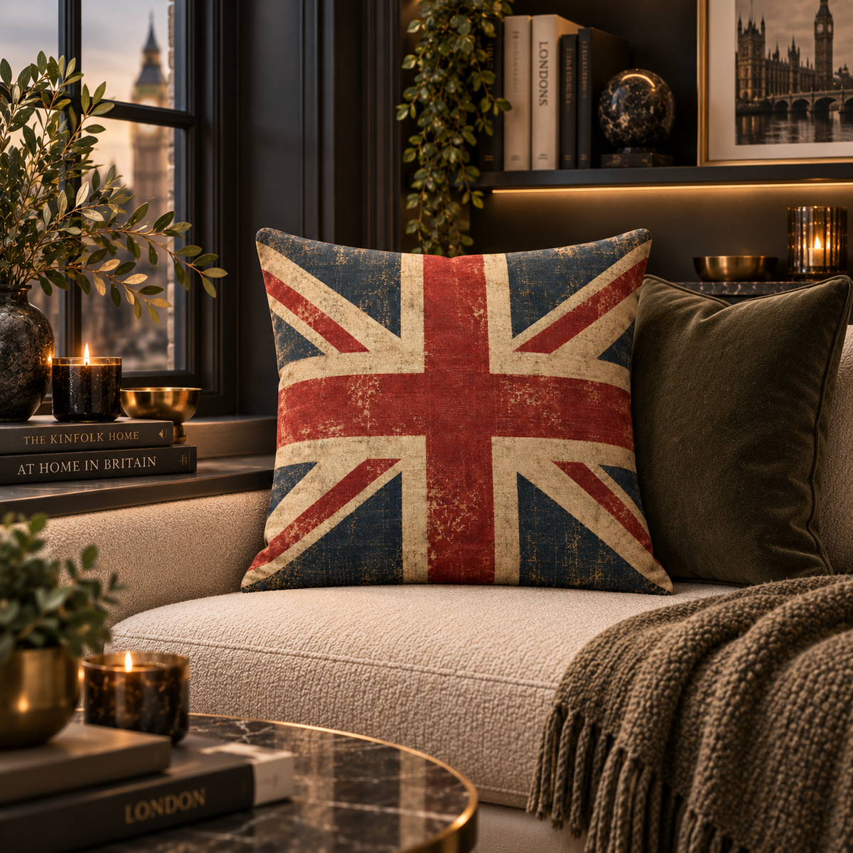 A square throw pillow featuring a distressed vintage Union Jack design in red, blue, and cream, styled on a beige sofa in a cozy, darkly lit living room with a green velvet pillow and a knitted throw blanket.