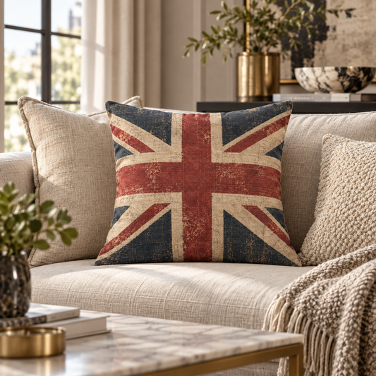A square throw pillow featuring a distressed vintage Union Jack design in red, navy blue, and cream, styled on a beige linen sofa in a cozy living room setting.