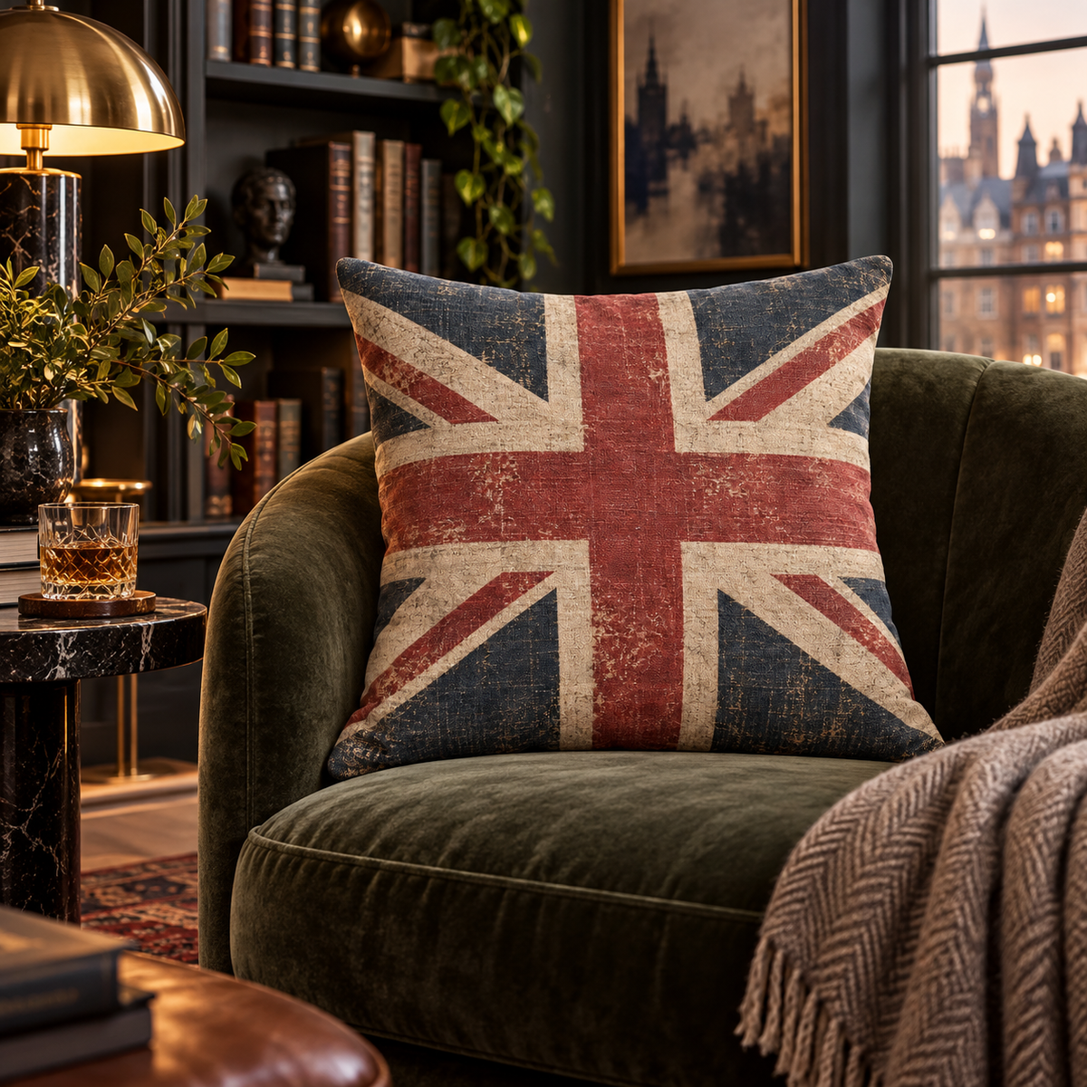A square throw pillow featuring a distressed Union Jack design in red, navy blue, and cream, styled on a dark green velvet armchair in a cozy, dimly lit living room.