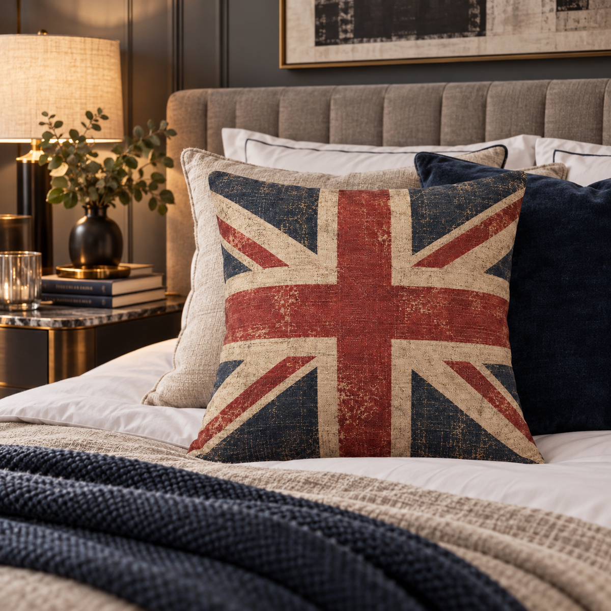 A square throw pillow featuring a distressed vintage Union Jack design in red, navy blue, and beige, styled on a bed with a gray tufted headboard, a lit bedside lamp, and a dark navy blanket.
