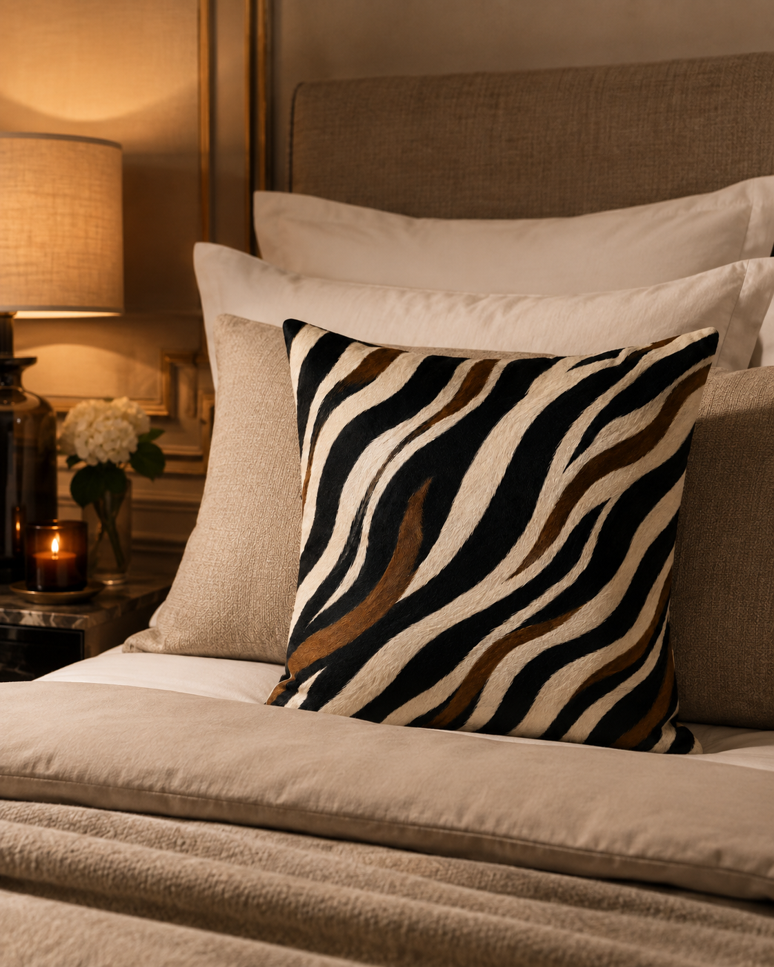 A square decorative throw pillow with a black, beige, and brown zebra-like wavy pattern, styled on a bed with neutral beige bedding and white pillows in a warm, cozy bedroom setting.