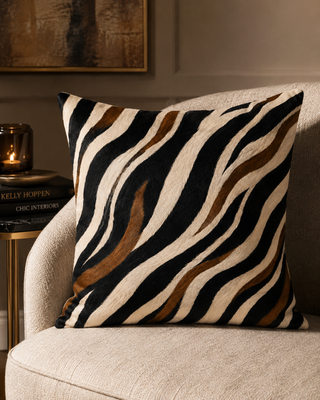 A square throw pillow with a zebra-stripe pattern in black, cream, and brown, resting on a beige upholstered armchair in a styled interior setting.