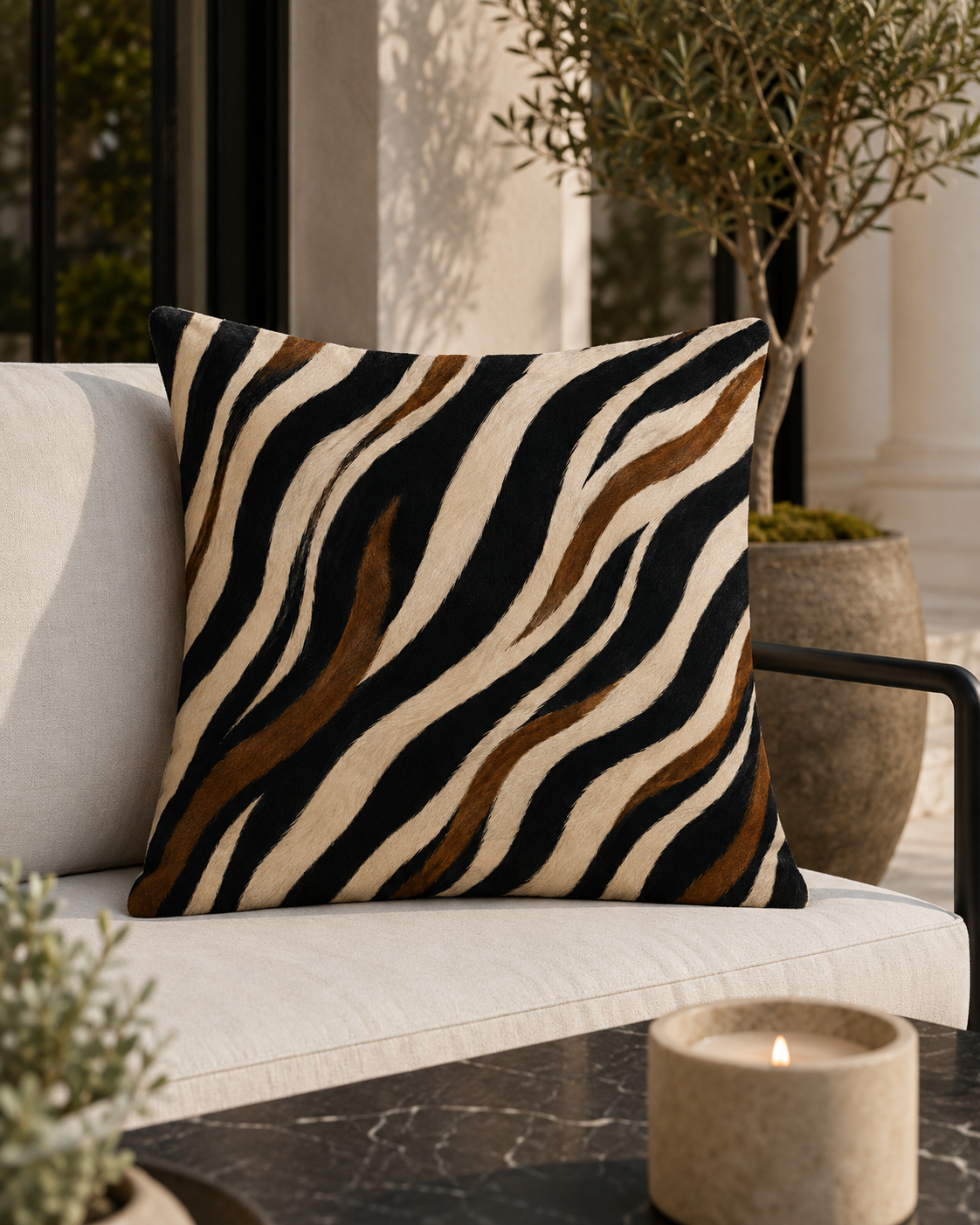 A square throw pillow with a zebra-like animal print pattern in black, beige, and brown, resting on a light-colored outdoor sofa.