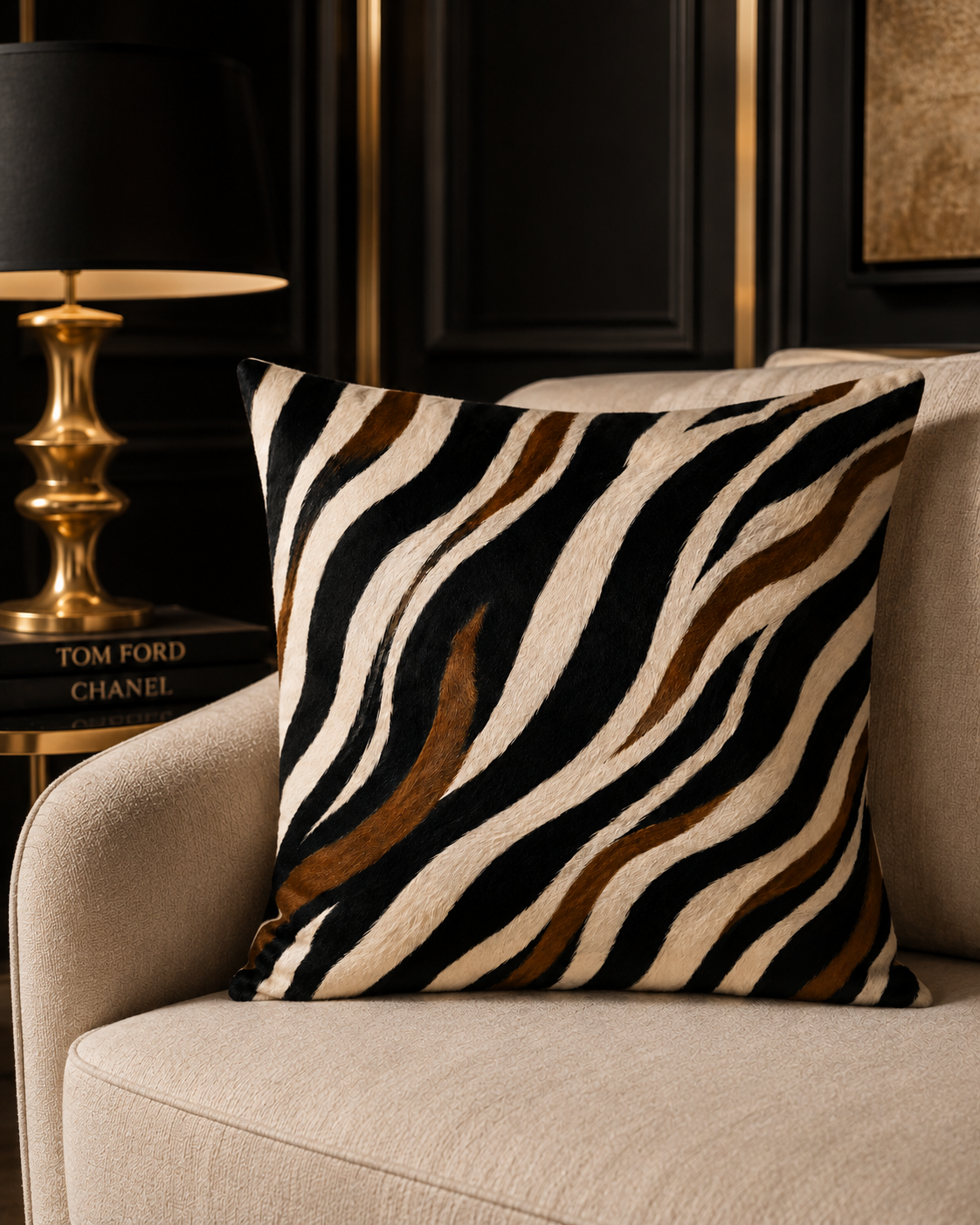 A square throw pillow with a zebra-like black, brown, and cream pattern, resting on a beige armchair next to a gold and black table lamp.