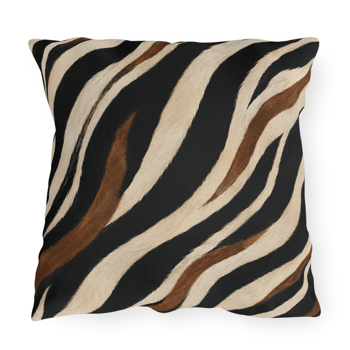 A square throw pillow featuring a zebra print pattern with wavy stripes in black, cream, and brown on a white background.