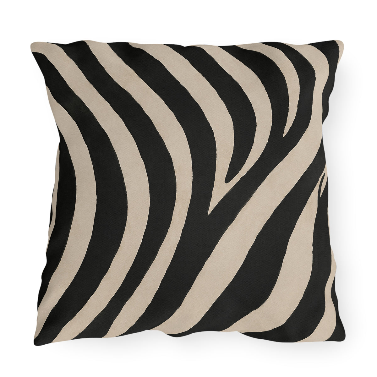 A square throw pillow featuring a bold black and beige zebra stripe pattern, shown against a plain white background.
