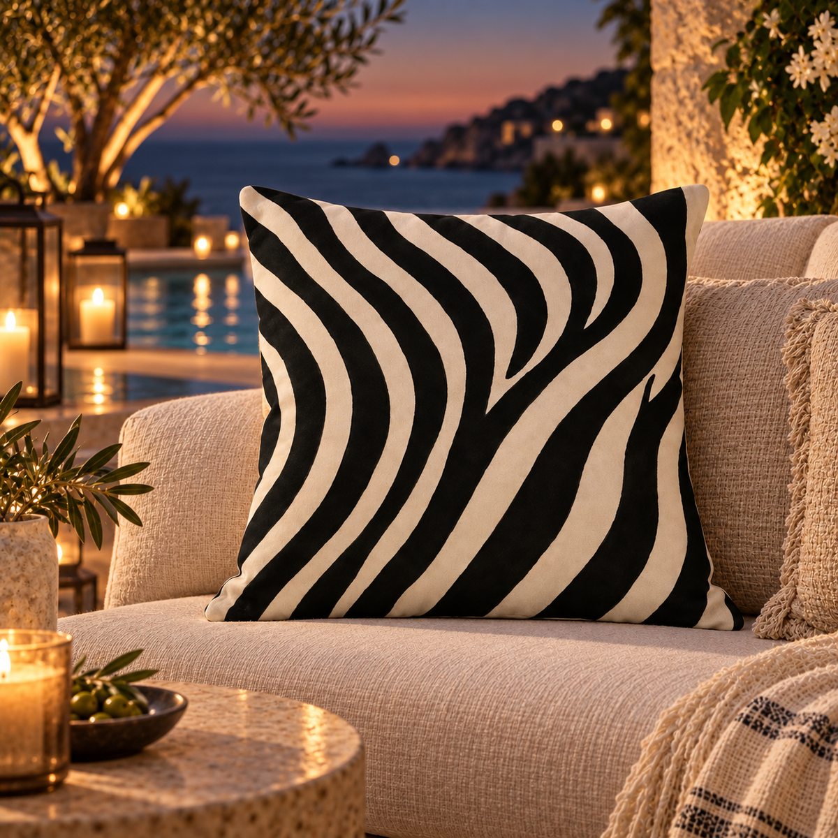 A square throw pillow with a bold black and cream wavy zebra-like pattern, styled on a beige outdoor sofa at dusk with candles, plants, and a pool in the background.