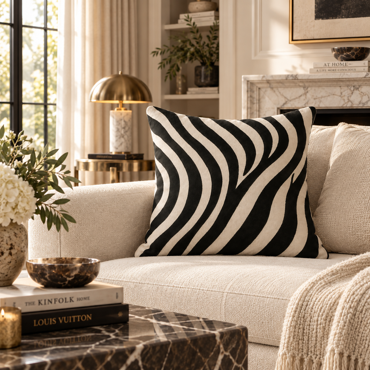 A square throw pillow with a bold black and off-white wavy zebra-like stripe pattern, styled on a cream-colored sofa in a beautifully decorated living room.