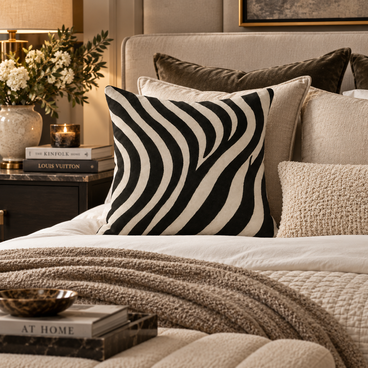 A decorative throw pillow with a bold black and cream wavy zebra-like pattern, styled on a bed in a warm, modern bedroom setting.