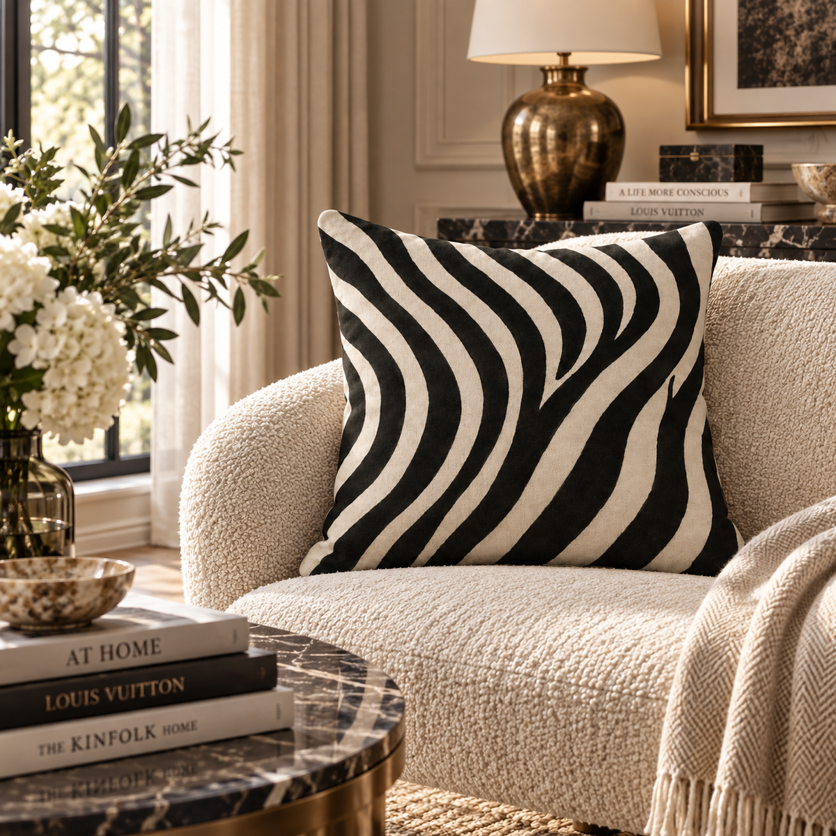 A square throw pillow with a bold black and cream wavy zebra-like stripe pattern, styled on a textured cream bouclé armchair in a warm, elegant living room setting.