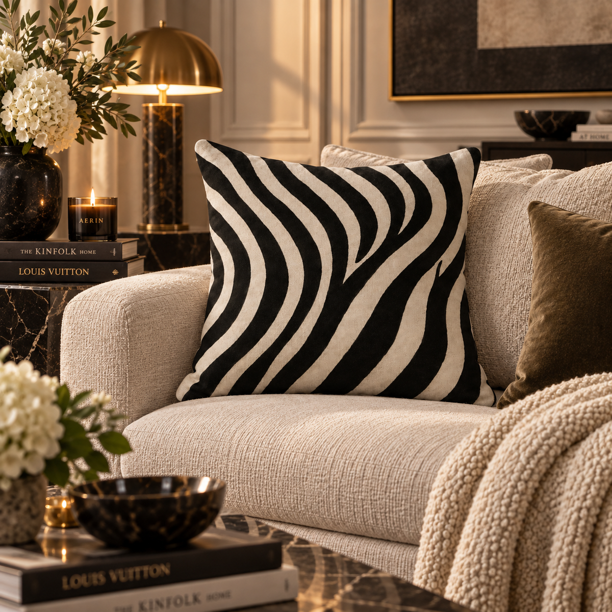 A square throw pillow with a black and off-white wavy zebra-like stripe pattern, styled on a light beige textured sofa in a warm, elegant living room setting.