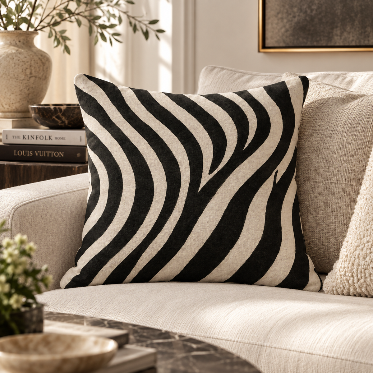 A square throw pillow with a bold black and cream wavy zebra-like pattern, styled on a light beige sofa in a modern living room setting.