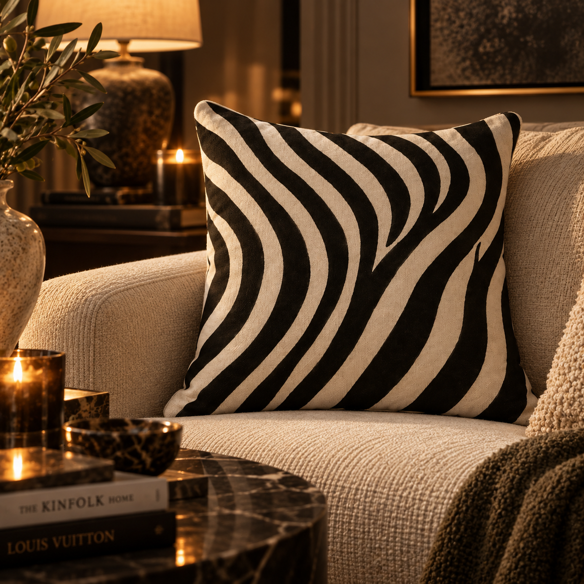 A square throw pillow with a bold black and cream wavy zebra-like pattern, styled on a textured beige armchair in a warmly lit living room setting.