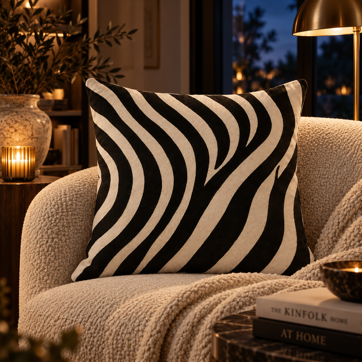 A square throw pillow with a bold black and cream wavy zebra-like pattern, styled on a cozy textured beige armchair in a warmly lit living room setting.