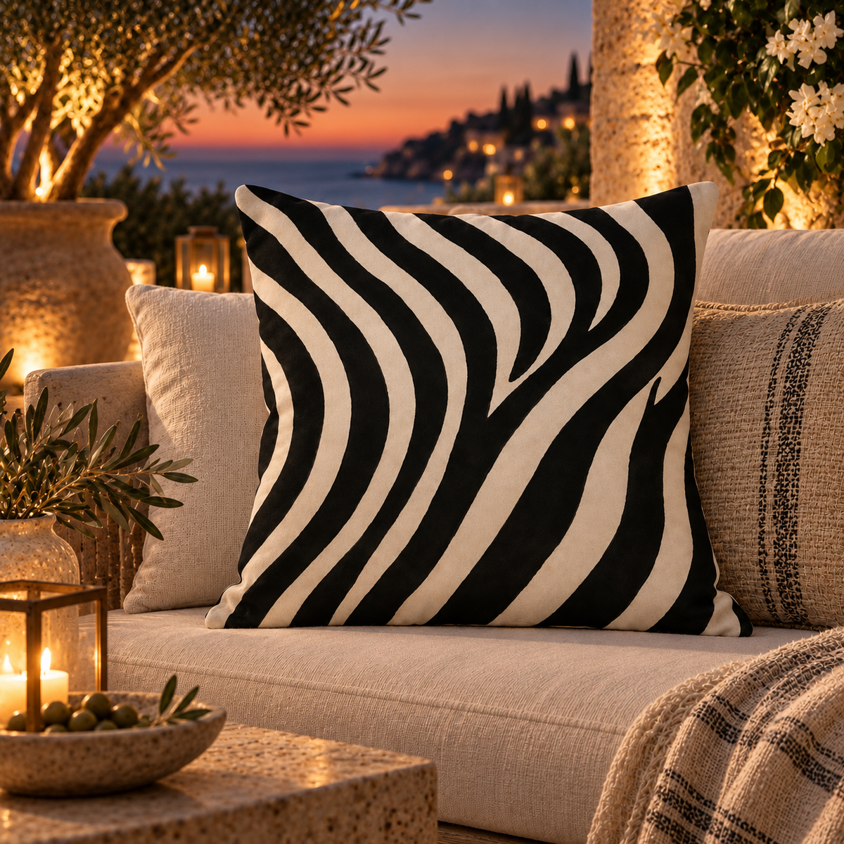 A square throw pillow with a bold black and cream wavy zebra-like pattern, styled on a beige outdoor sofa at dusk with warm ambient lighting and a scenic background.