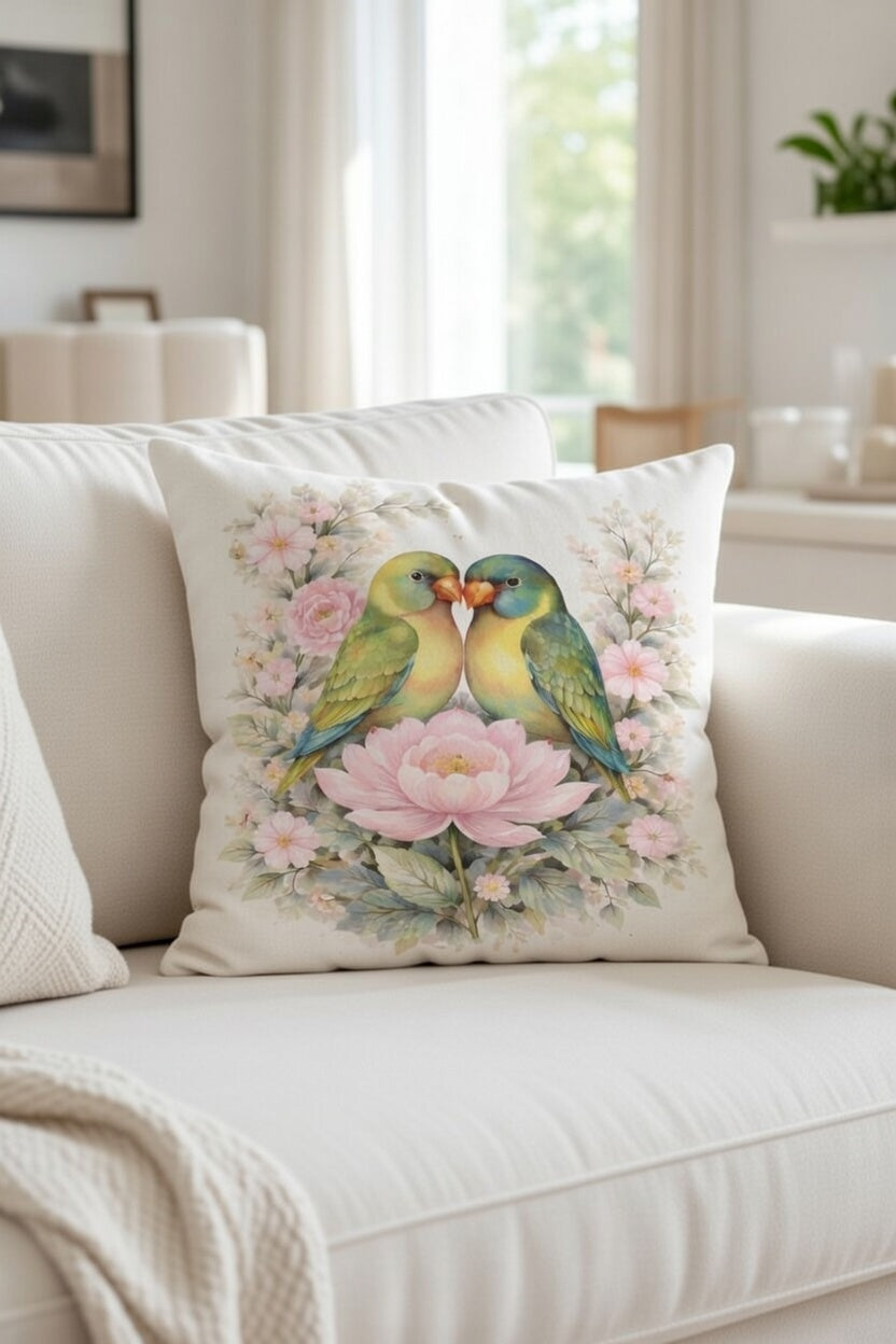 A square decorative throw pillow with a vintage-style illustration of two green and yellow birds kissing among pink flowers, resting on a white sofa in a bright, modern living room.