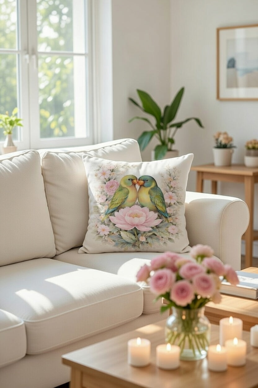 A square decorative throw pillow featuring a watercolor illustration of two green birds kissing on pink flowers, styled on a white sofa in a bright, modern living room.