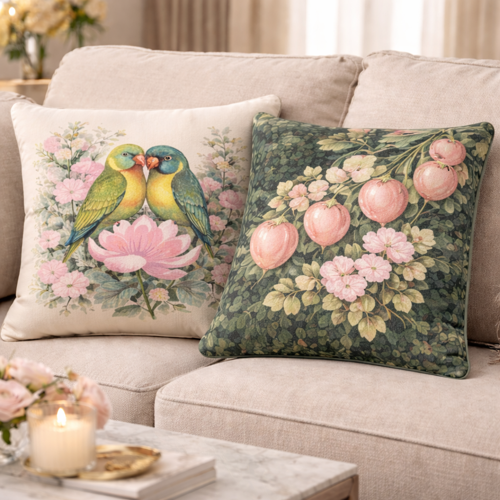 Two decorative throw pillows on a beige sofa in a styled living room setting. The left pillow has a cream background with a colorful illustration of two green birds kissing on a pink flower.