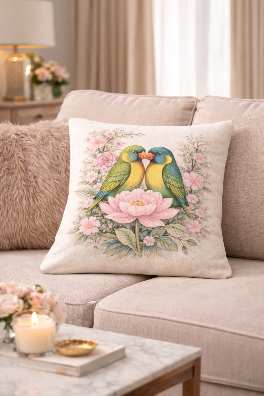 A square decorative throw pillow with a vintage-style illustration of two green and yellow birds perched on a large pink flower, styled on a beige sofa in a living room setting.