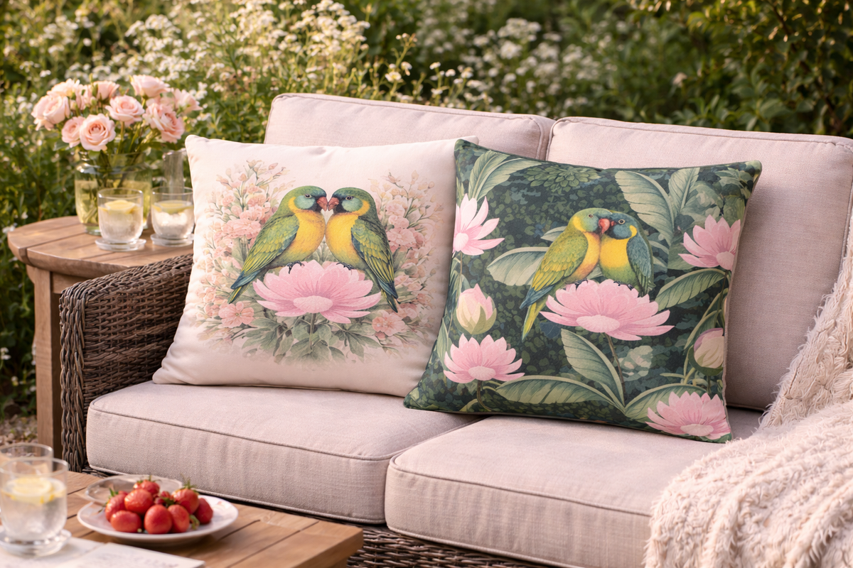 Two decorative throw pillows displayed on a light beige outdoor sofa. One pillow has a light pink background with two green and yellow parrots perched on pink flowers.