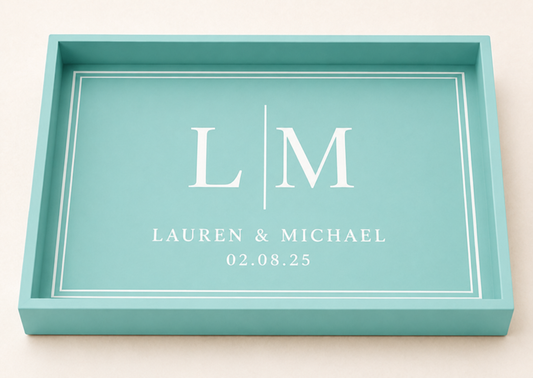 Black wooden tray personalised with custom lettering