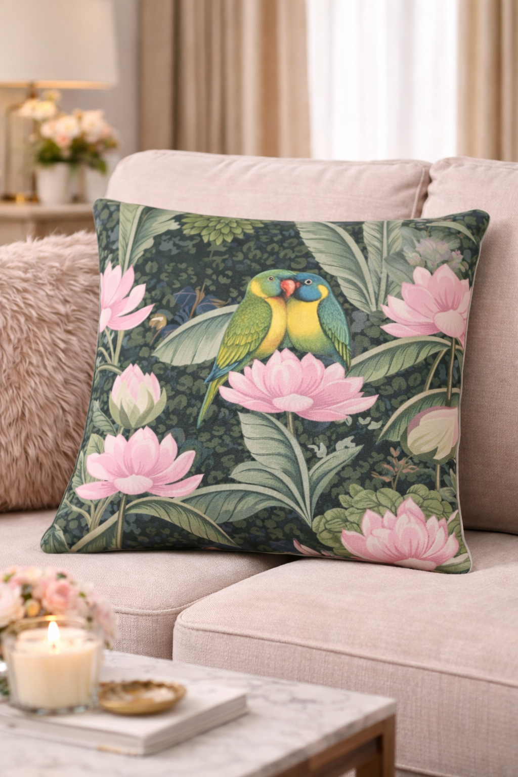 A square decorative throw pillow with a tropical print of green parrots, pink lotus flowers, and green leaves, resting on a beige sofa in a living room setting.