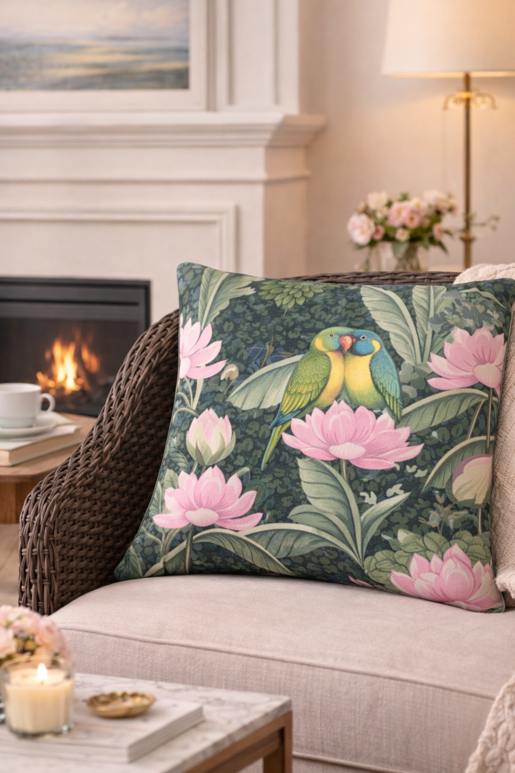 A square decorative throw pillow with a botanical and bird print, resting on a light beige sofa in a cozy living room setting with a fireplace and lamp in the background.