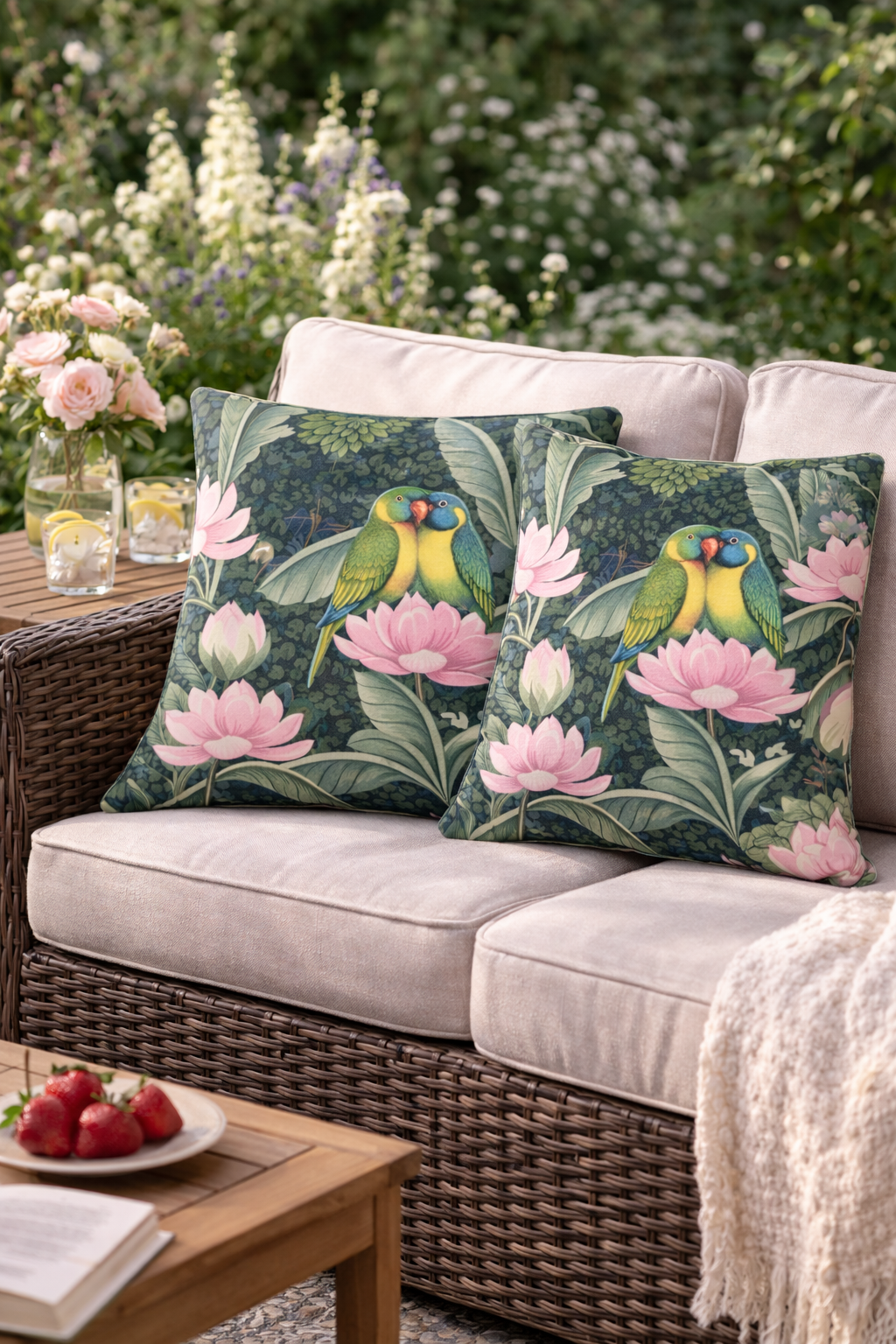 Two square outdoor throw pillows with a tropical parrot and pink lotus print, styled on the cushions of a wicker patio sofa in a garden setting.