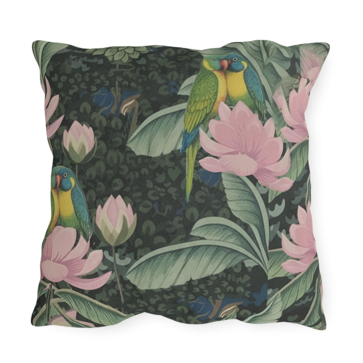 A square decorative throw pillow featuring a detailed botanical and bird pattern with green parrots, pink lotus flowers, and tropical leaves on a dark forest green background.
