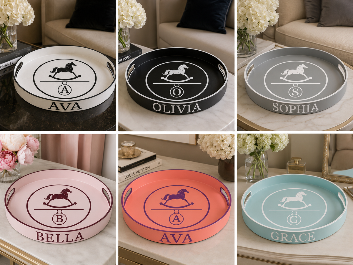 Round wooden tray with rocking horse design and personalised name